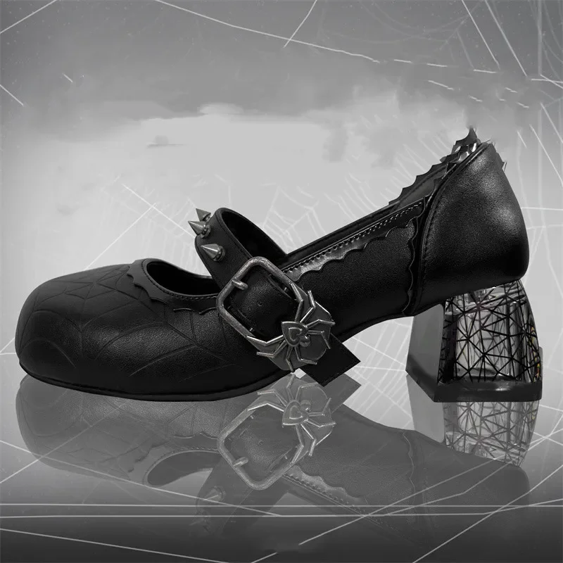 Retro Dark Style Girls Shoes Gothic Mary Jane Round Toe Spider Web Print Ruffled Spider Metal Buckle Rivet 5.5cm High Heel Shoes