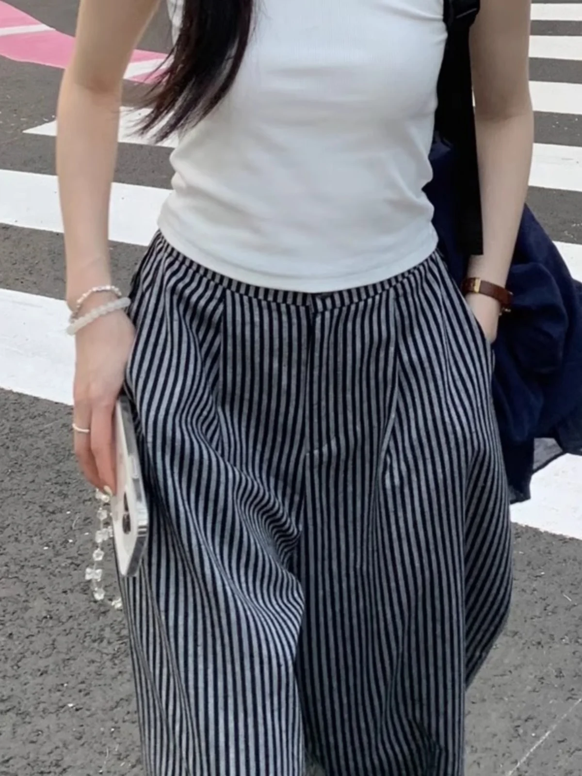 

Plus Size High Waist Wide Leg Casual Pants Striped Loose Fit Slimming Spring Faion plus Size Women's Clothing Retro Sle Commute