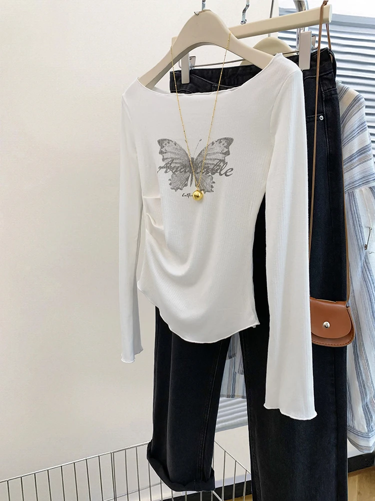 Off Shoulder Sexy T-shirts Women Y2k Irregular Long Sleeve Tops Design Sense Niche Korean Butterfly Print Tee Female Clothes