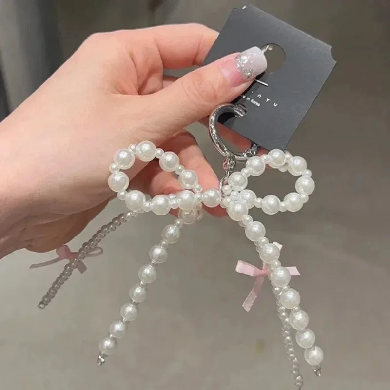Y2k Pearl Bow Keychain Women Pearl Tassels Pink Ribbon Bow Sweet Cool Key Chains Fashion Metal Purse Key Ring Phone Accessories — zdjęcie 6