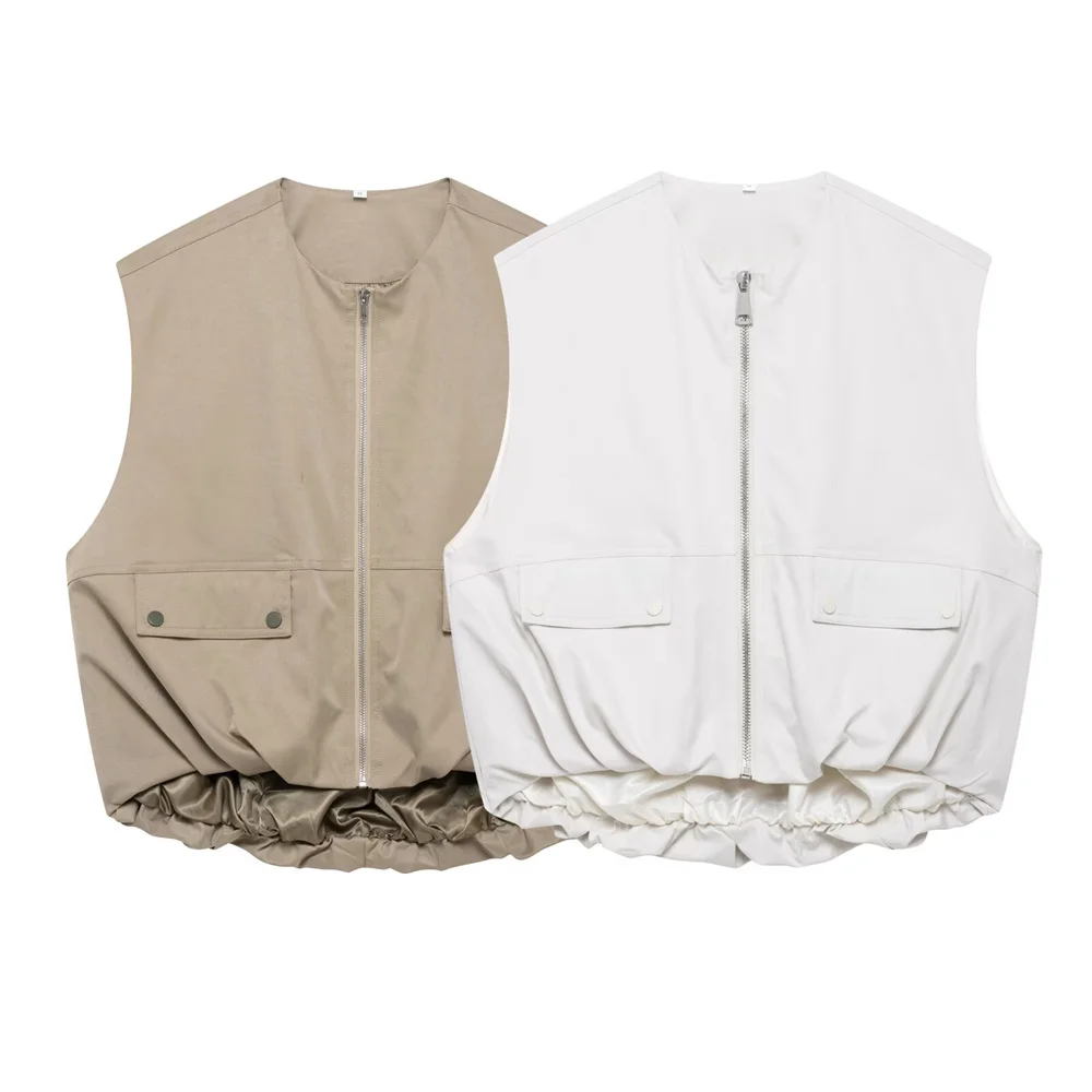 

UNIZERA Women's Loose Tank Top with Round Neck Zipper Pocket Decoration Spring New Casual Women's Top