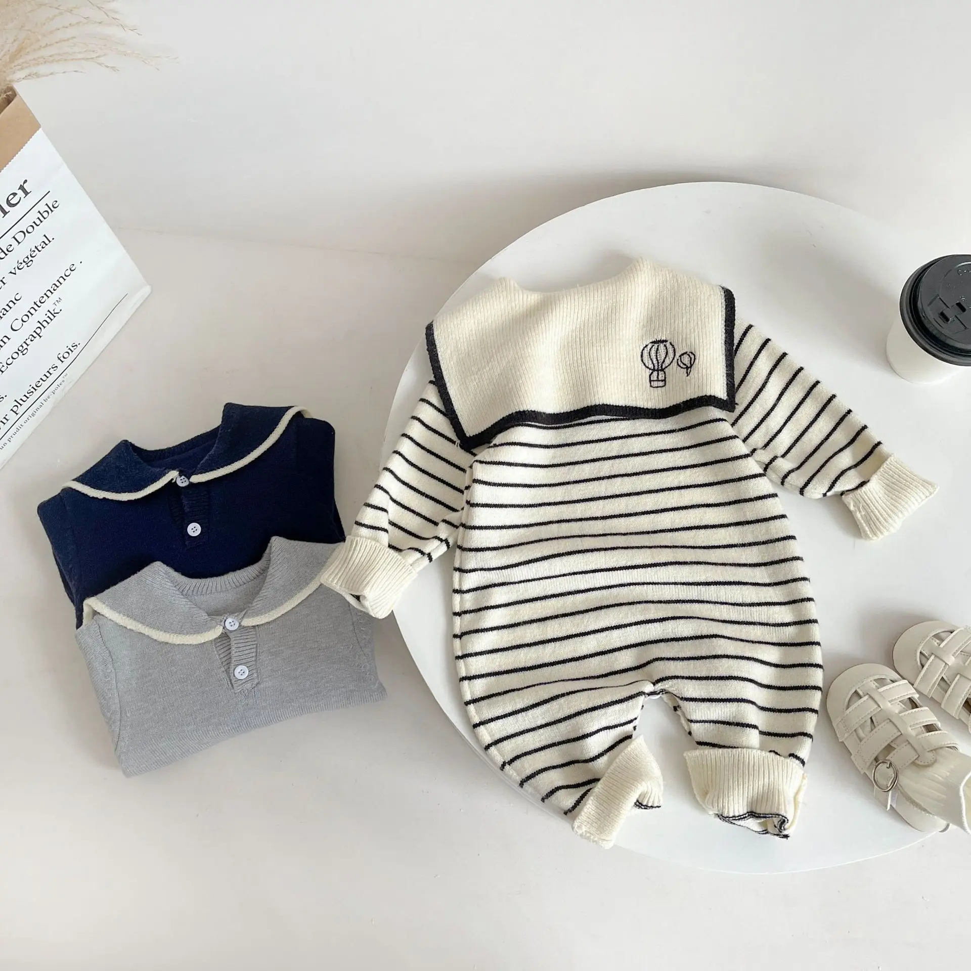 2024 Autumn New Baby Sailor Collar Long Sleeve Knitted Romper Infant Boy Girl Casual Striped Jumpsuit Newborn Toddler Clothes