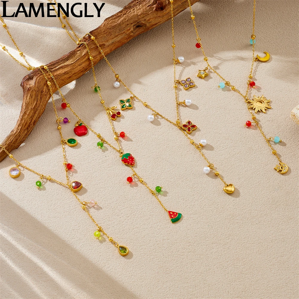 

LAMENGLY 316L Stainless Dopamine Style Colorful Zircon Inlay 4-Leaf Flower Heart Sun Strawberry Pendant Necklace Jewelry Gift