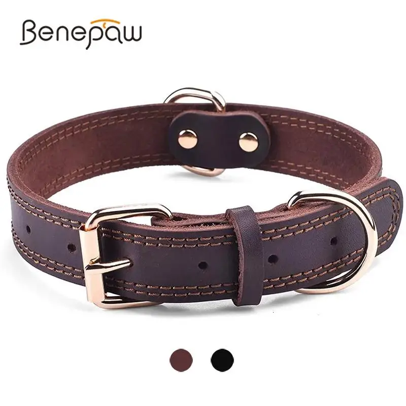 Benepaw Quality Genuine Leather Dog Collar Durable Vintage Heavy-duty Rustproof Double D-Ring Pet Collar For Medium Large Dogs