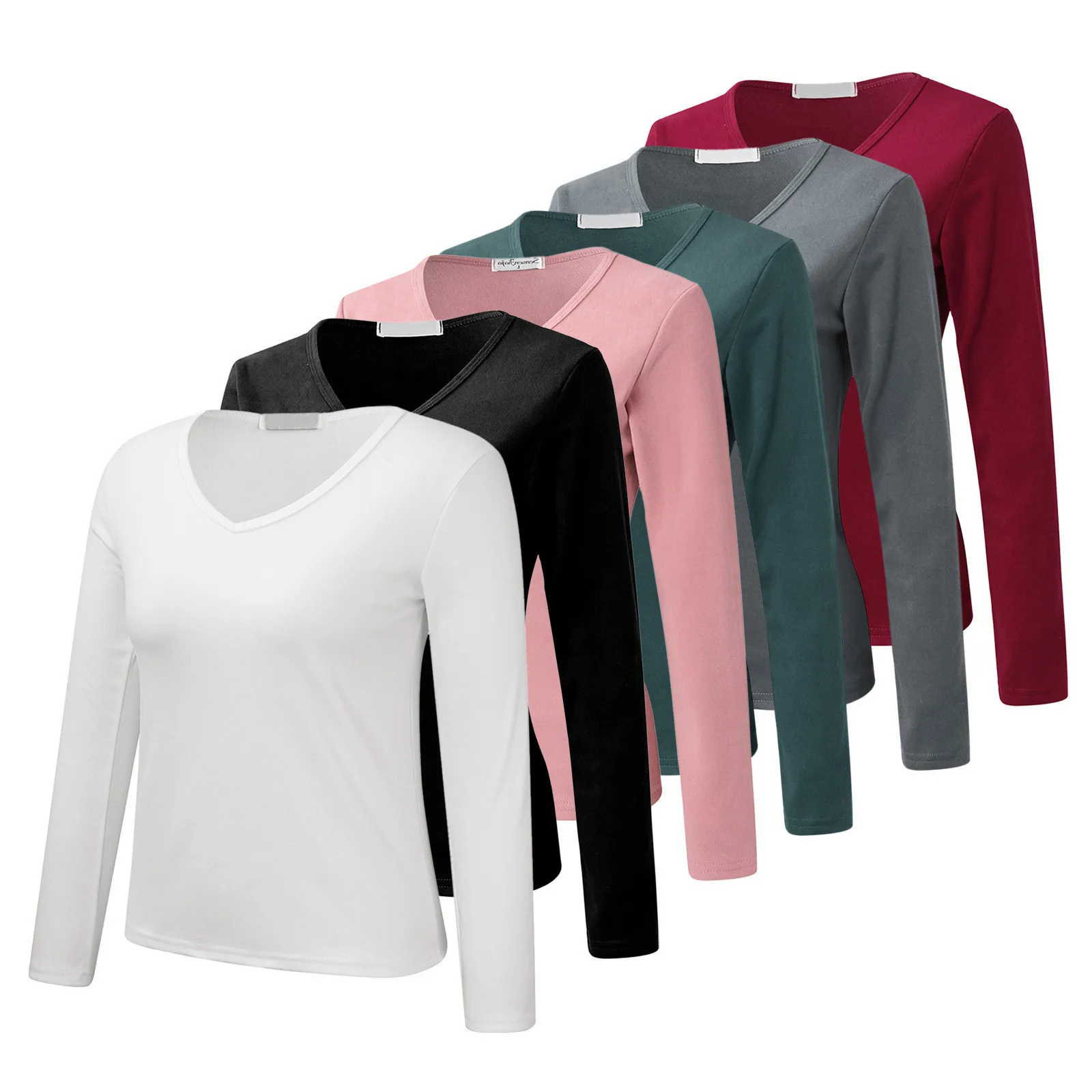 V-Neck Thermal Underwear Women Long Sleeve Fleece Lined Thermal Tops Solid Color Winter Bottom Shirt Basic T-Shirt