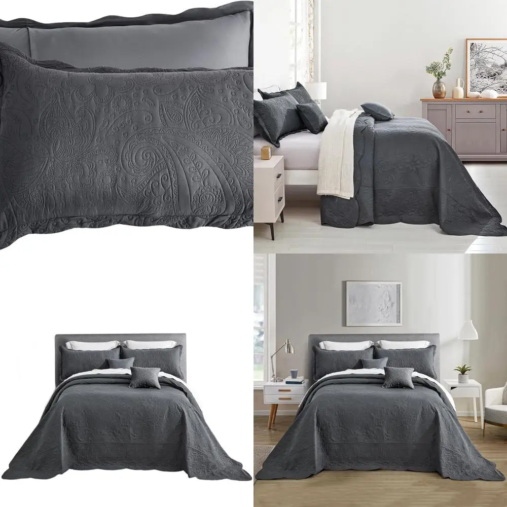 

Luxurious Oversized Paisley King Bedspread, Lightweight Reversible 5-Piece Set, 100% Microfiber, Dark Grey