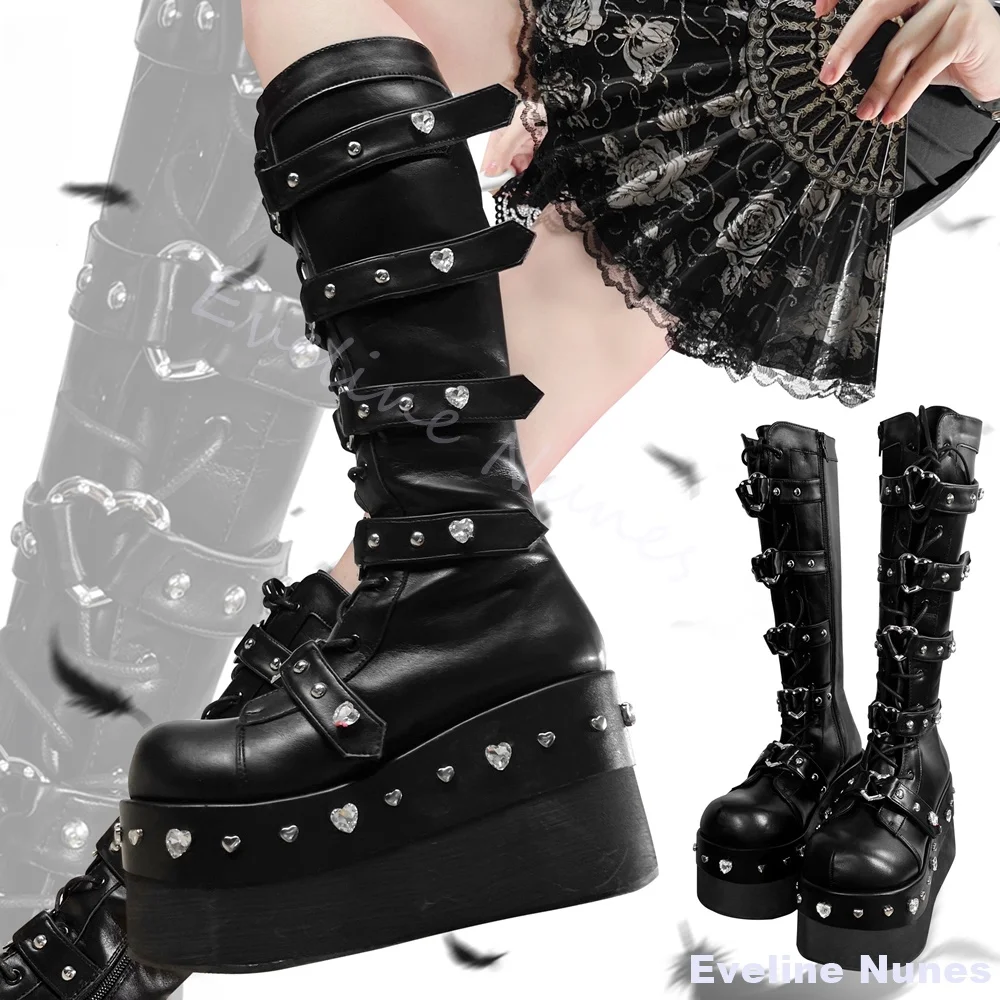 

Sparkling Diamond Belt Buckle Lolita Punk Boots Women Platform Round Toe Subculture Long Boots 2025 New Hot Goth Cosplay Boots