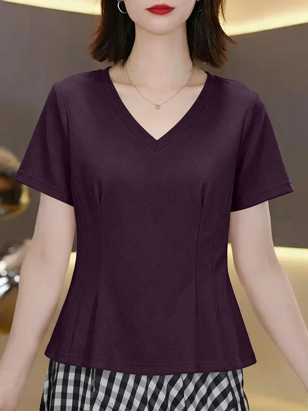 Loose Casual V-Neck Short Sleeve T-Shirt 95 Cotton Summer New Style Fashion Simple Stitching Design Versatile Loose Casual Top