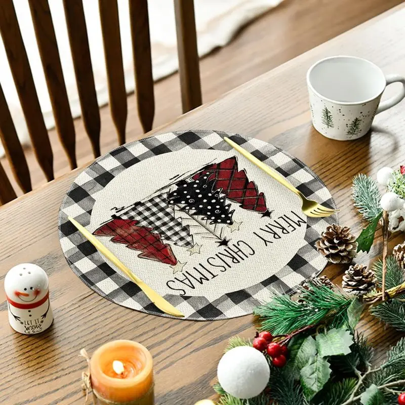 VIKAMA Round Buffalo Plaid Christmas Placemats, Xmas Tree Merry Christmas Placemats for Dining Table Home Kitchen Holiday Decor