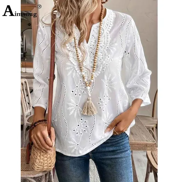 Camisa blanca bordada verano 2025 estilo boho para mujer