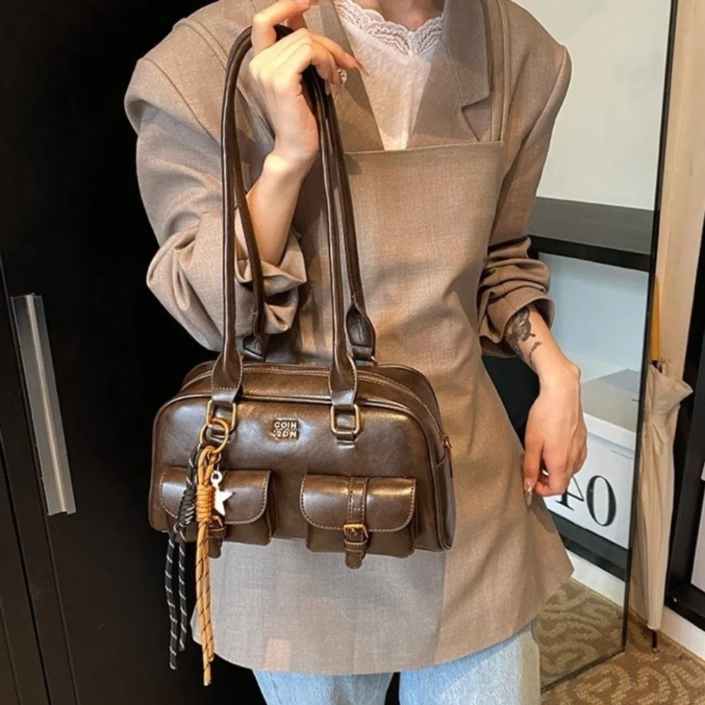 

Fashion JK Leather Shoulder Bag PU Leather Solid Color Bowling Bag Handheld Zipper Closure Hobo Bag Girl