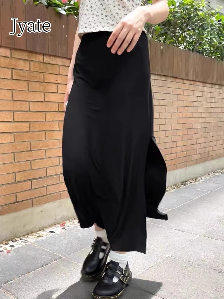 Jyate Solid Color Soft Black Slit Skirt 2024 New Women's Design Niche Long Skirt Streetwear Y2K Fashion Casual Female Jupe