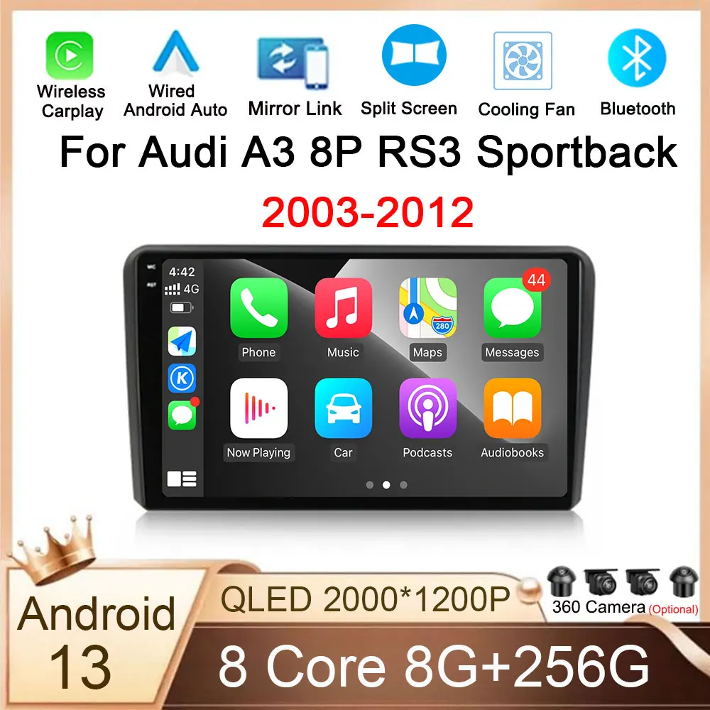 

Для Audi A3 8P RS3 Sportback 2003-2013 Android 13 Автомобильный мультимедийный видеоплеер для Carplay стерео радио WIFI 4G GPS навигация 2Din