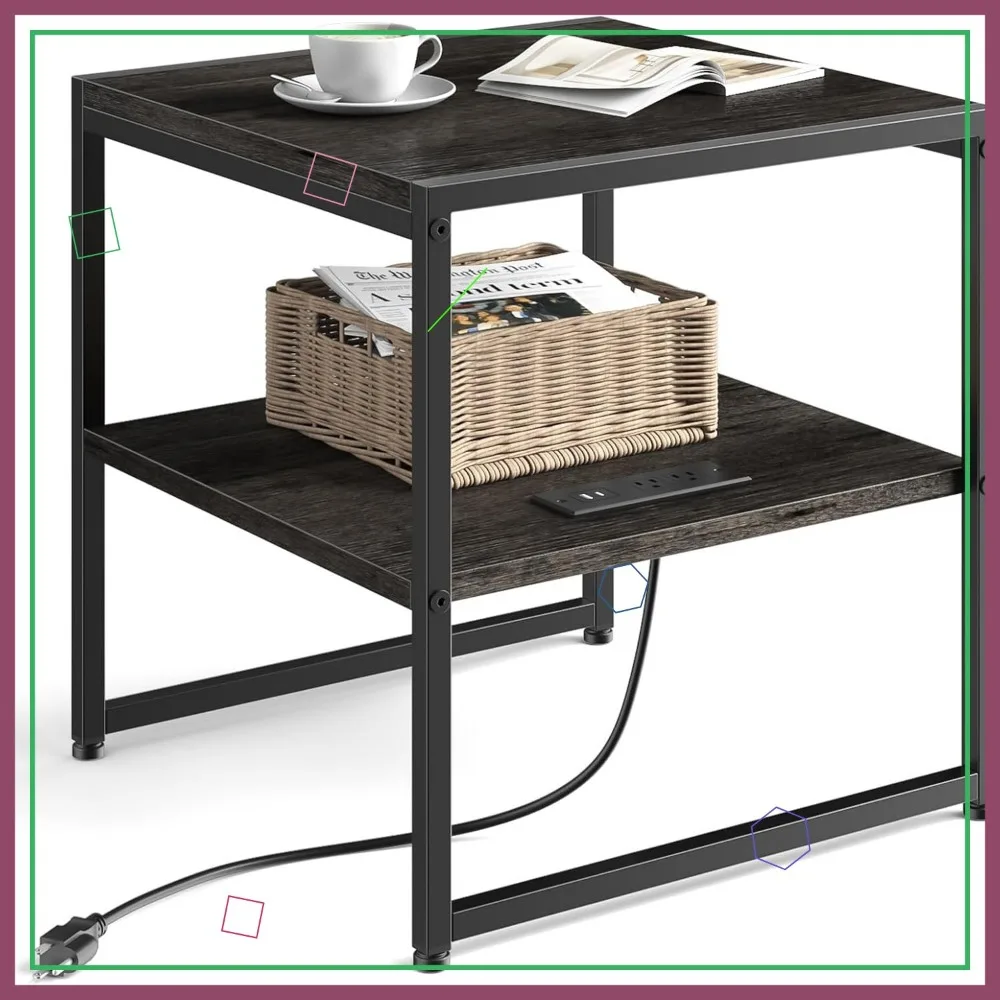 

Промышленный квадратный столик с зарядной станцией, USB-портами и розетками, двухуровневая тумбочка для спальни, гостиной, серый