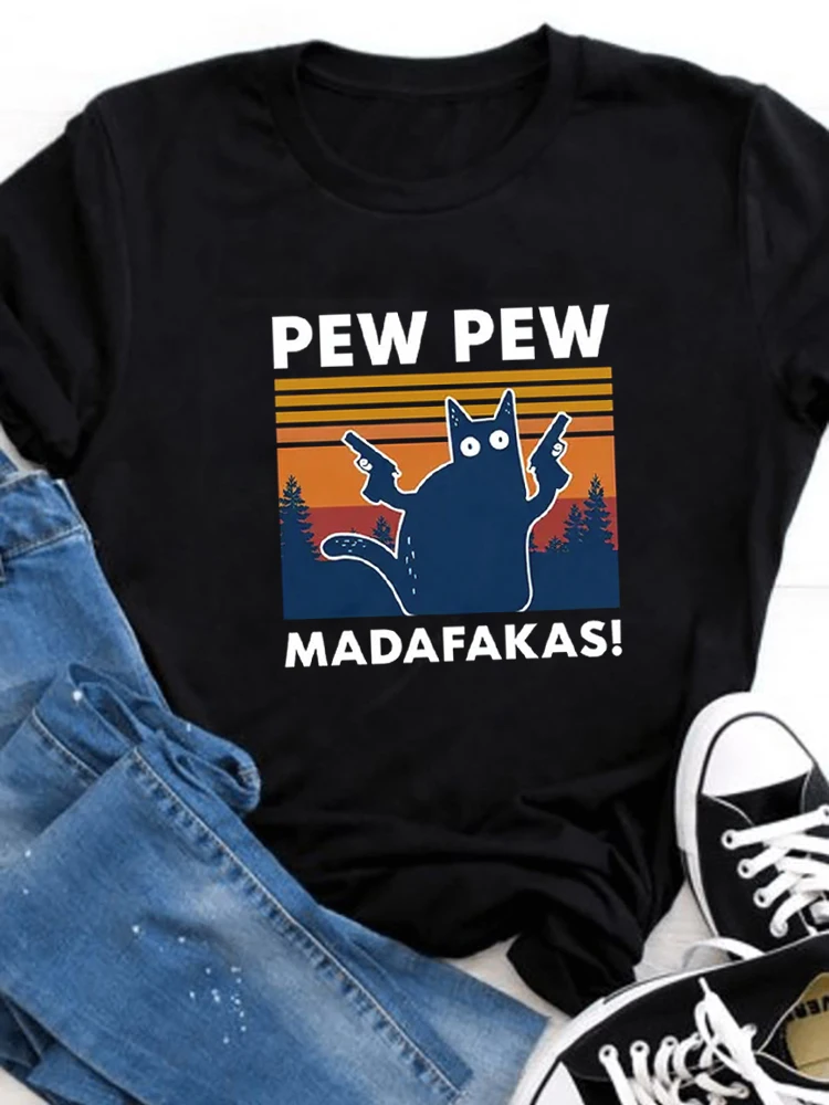 Pew Pew Madafakas Women's Crew Neck Casual Short Sleeve Vintage Summer Graphic T-shirt