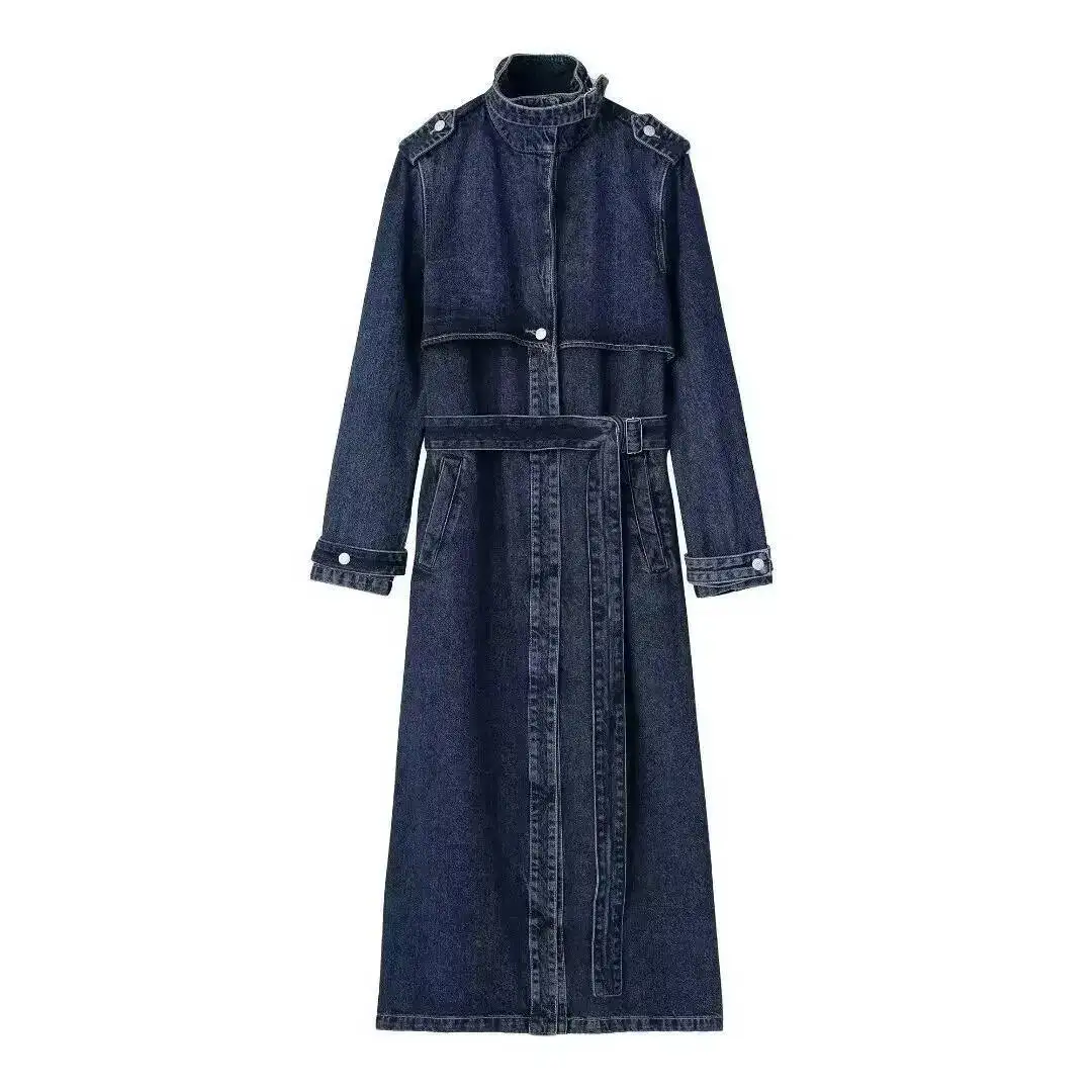 

Elegant Long Denim With Belt Cross-Border Women's Fashion Thickened Outerwear Casual Business Style Coat