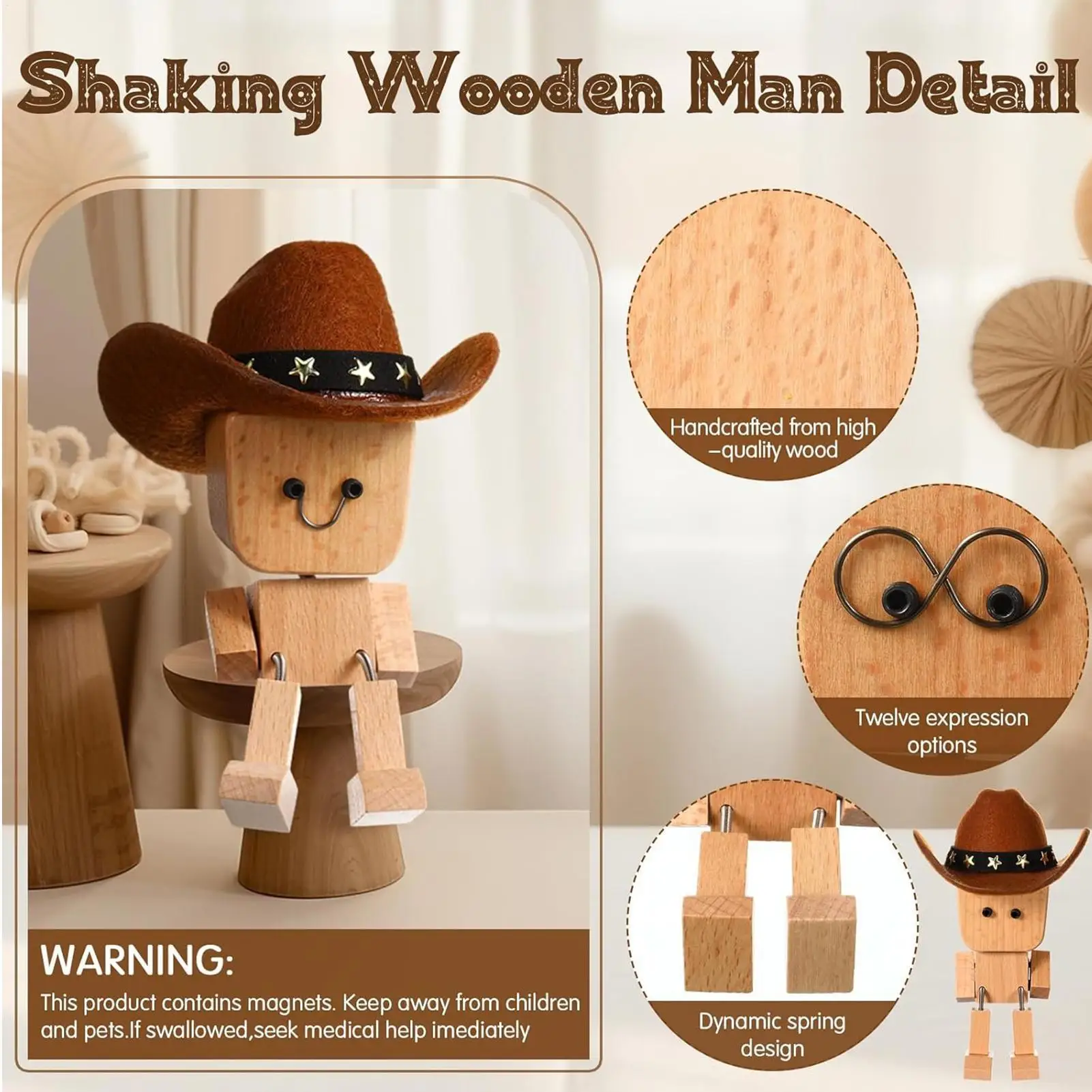 Shaking Wooden Man For Dashboard Cowboy Toys With 12 Magnetic Expressions Wobbly Dashboard Decorations For Car Home Living Room
