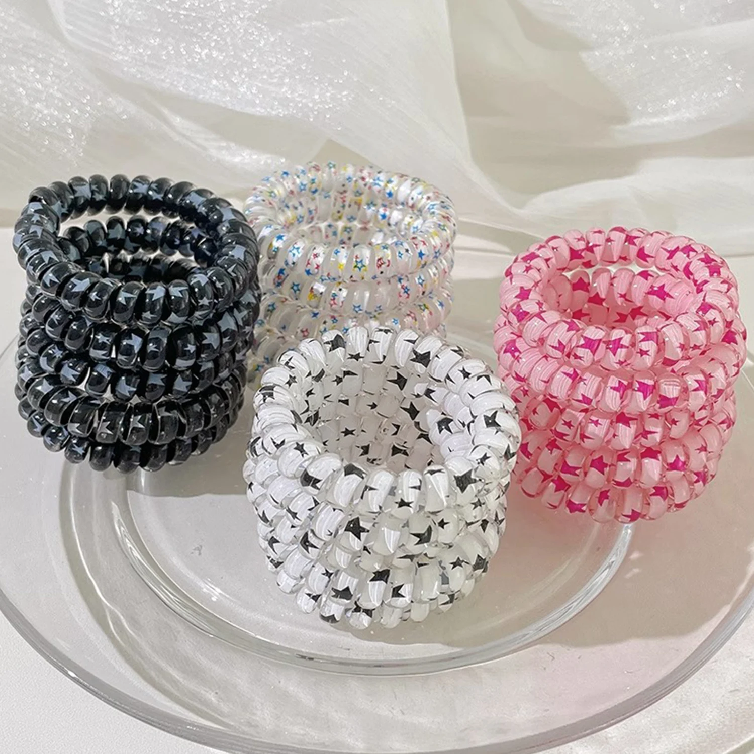 Candy Color Hair Rope Girl Telephone Wire Star Pattern  Elastic Hair Band Frosted Spiral Cord Rubber Hair Tie Stretch Headband