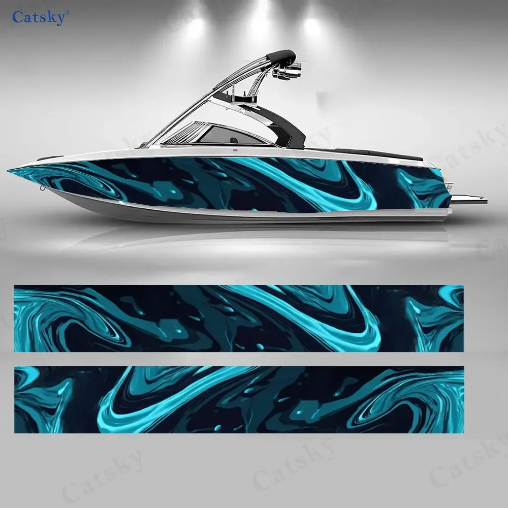 2Pcs Blue Swirl Water Pattern Boat Hull Decal, Modern & Fluid Water-Resistant Sticker for Boats, Dynamic Wave Design Matches