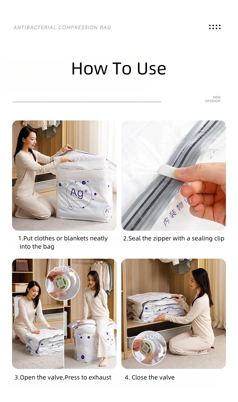 Antibacterial Vacuum Bags No Need Pump Large Plastic Storage Bag Storing Clothes Blanket Compression Bag Travel Accessories