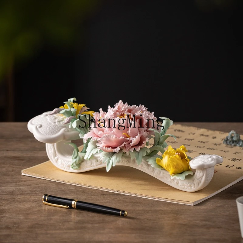 SM Household Blooming Ceramic Handmade Peony Flower Ornaments Living Room Entrance Decoration Crafts