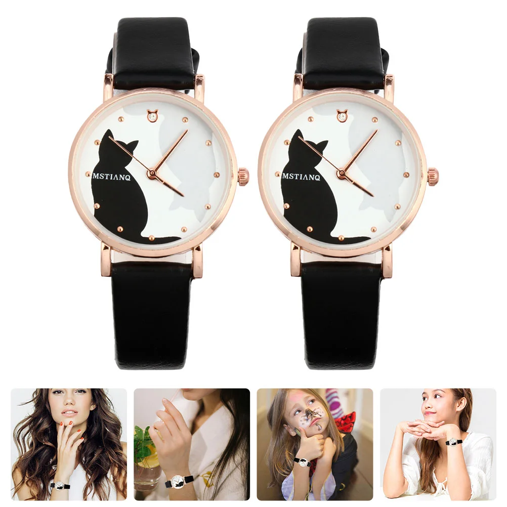 

2 Pcs Cat Watch Women Casual Watches Cartoon Kitten Pattern Belt Fitness Digital