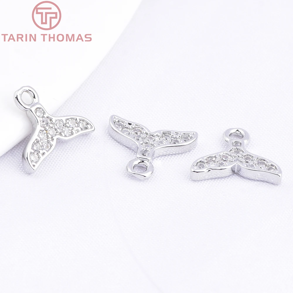 (10494) 6PCS 9.5x8.5MM Platinum Color Brass with Zircon Fish Tail Pendants High Quality DIY Jewelry Making Findings Accessories