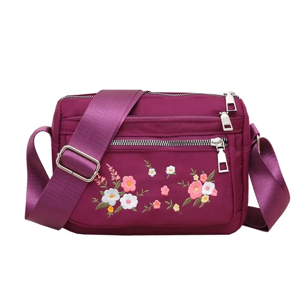 Simple Nylon Shoulder Bag Embroidery Flower Large Capacity Messenger Bag Zipper Closure Wear Resistant Mom Crossbody Bag Outdoor