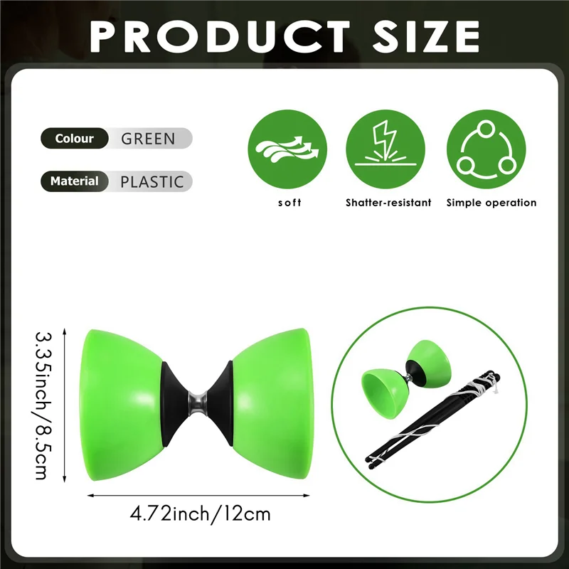 Diabolo plastikowe A04F-4X, żonglerka, spinning, chińskie yo-yo, klasyczne, z pałeczkami, zielone