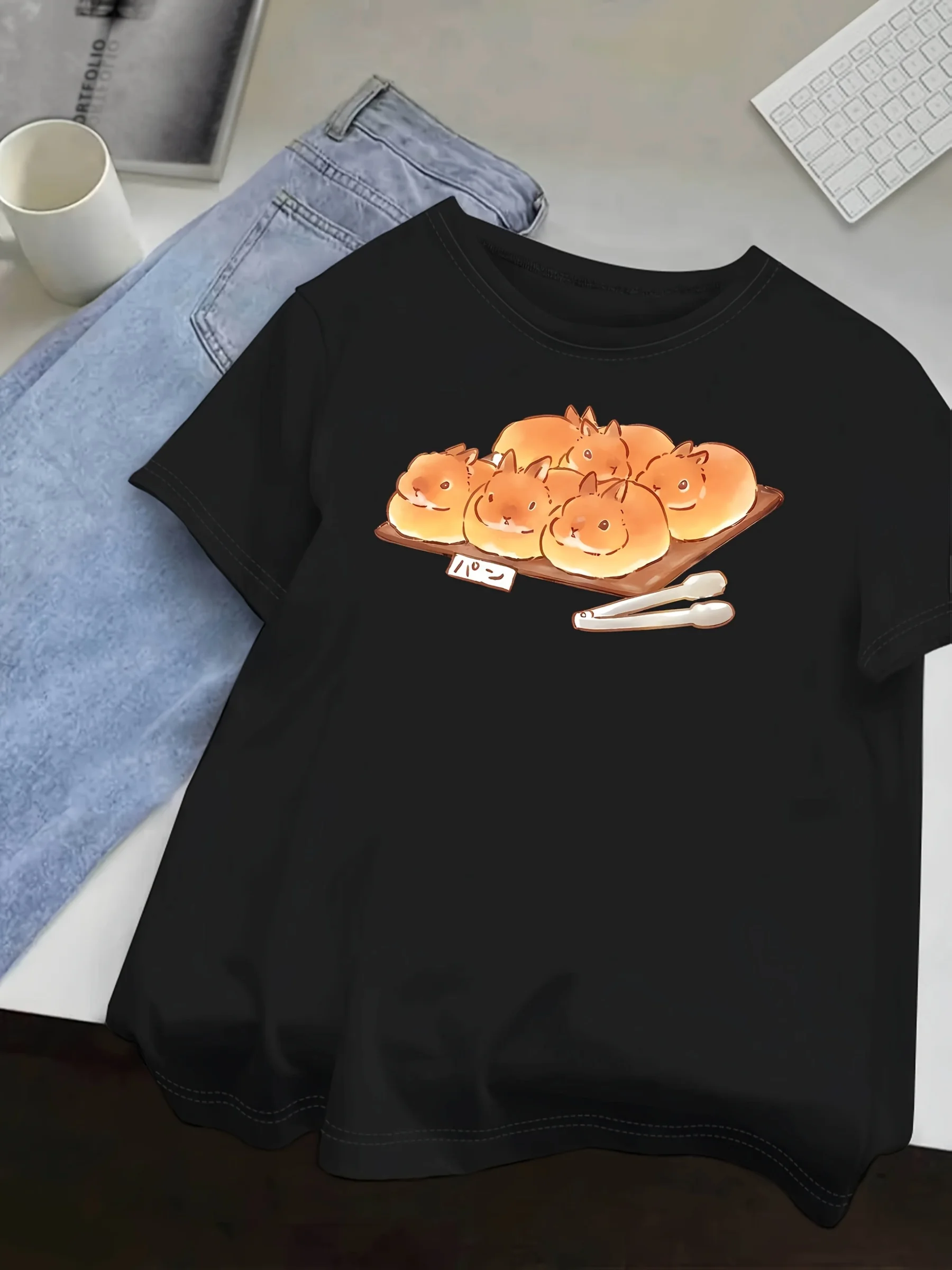 

Women'S Casual Sleeved T-shirt Cute Cartoon Toast Rabbit Print Stretch Crew Neck Harajuku Short Sleeve Casual Aesthetic Clothes