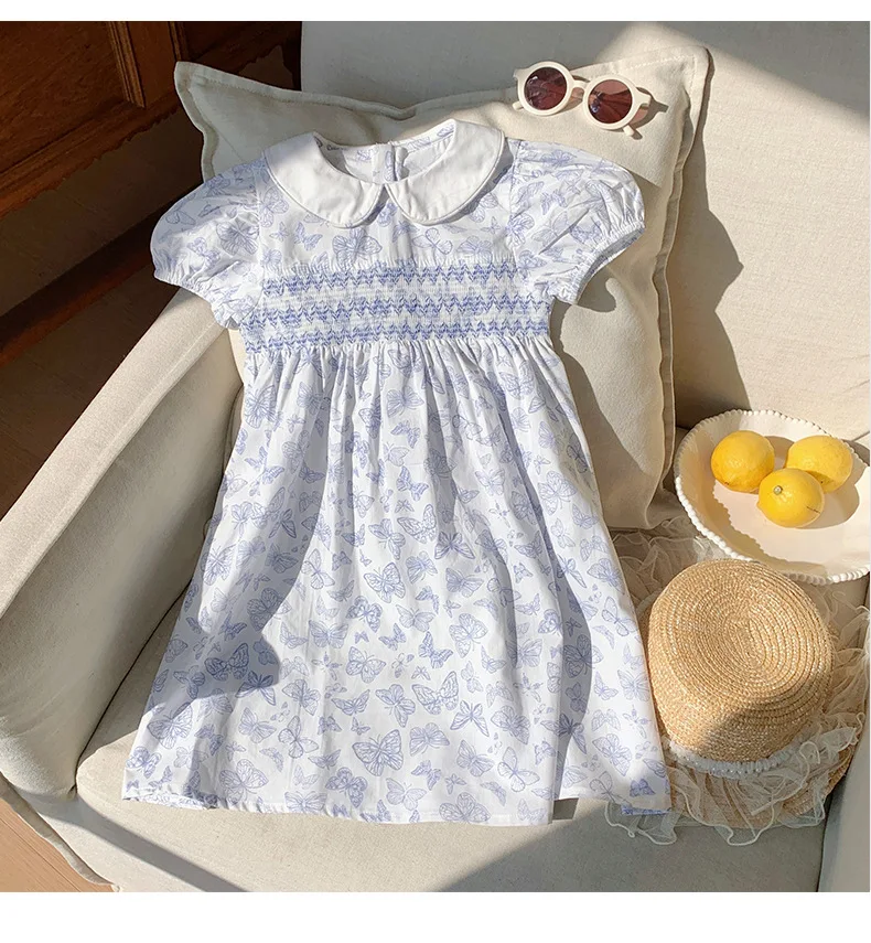 

Kid Girl Dress Butterfly Print in Light Blue White Tones White Peter Pan Collar Puff Short Sleeves Blue Embroidery for Children
