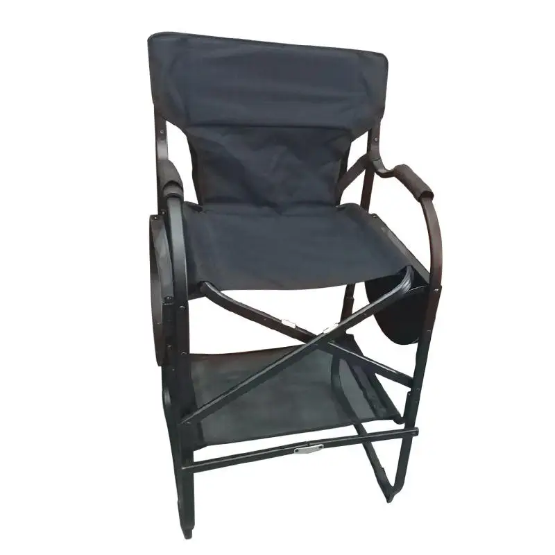 Foldable Tall Director Chair Black Fabric Aluminum Alloy Frame Featuring Side Tray Footrest Indoor Outdoor Salon Makeup Use