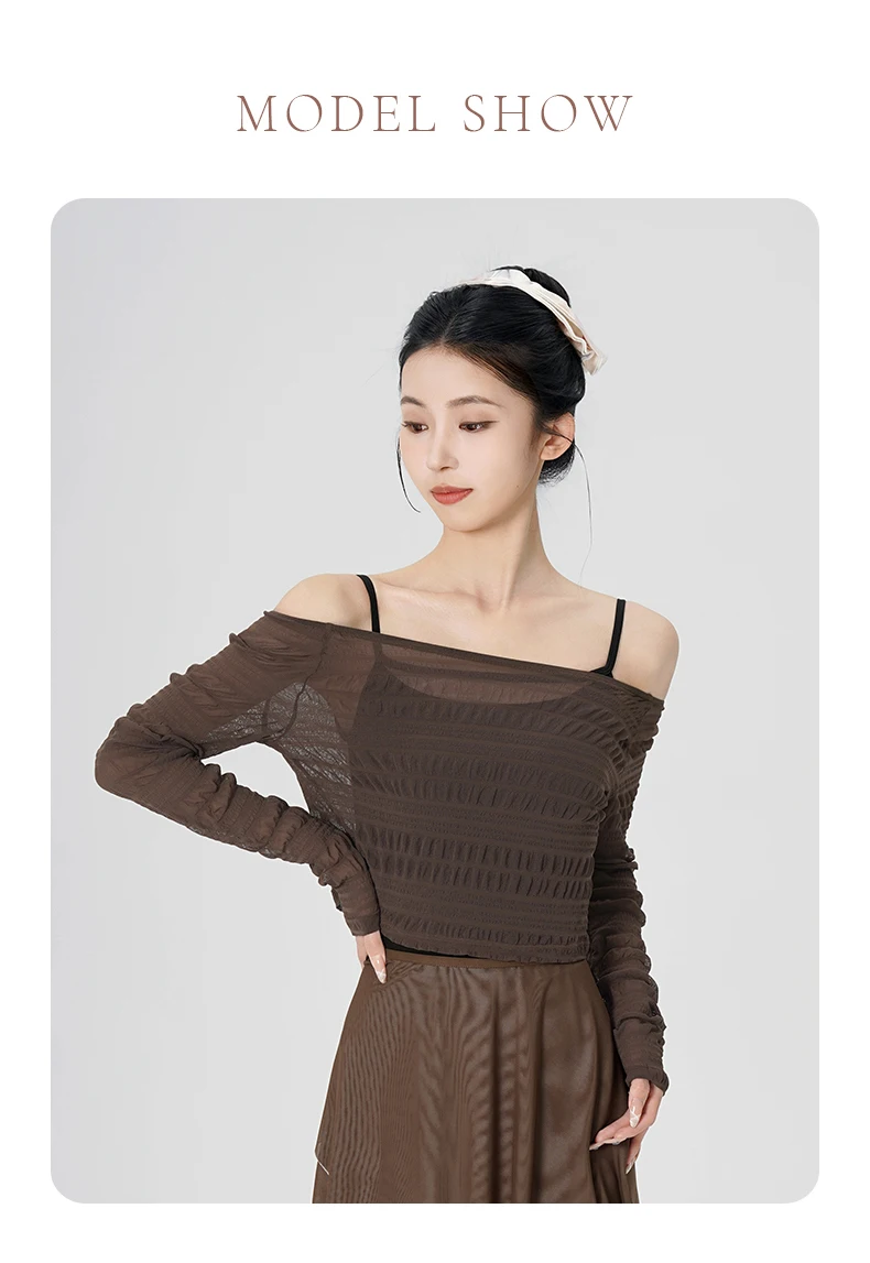 Tops de Danza para Mujer, Top de Malla Fruncido con Hombros Descubiertos y Manga Apilada, Pantalones de Ballet de Pierna