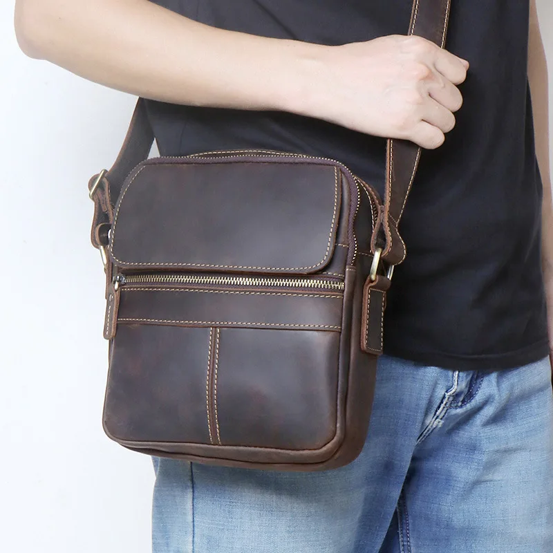 New Retro Men's Vertical Crossbody Bag, Handcrafted Pull-Up Leather Sling Bag, Full-Grain Leather Casual Shoulder Purse