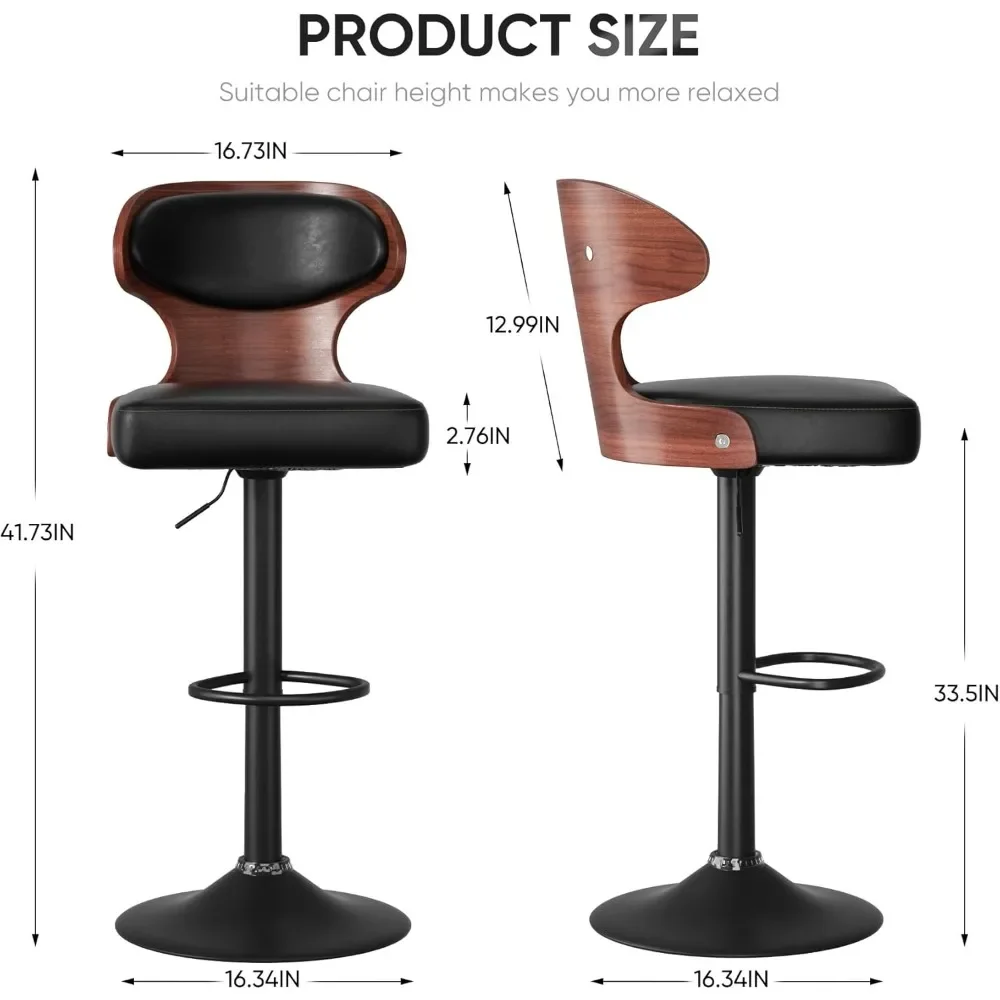 Ensemble de 4 sièges réglables, tabourets de bar à percussion en bois courbé avec dossier et repose-pieds, cuir PU, 24.5-33,5 pouces