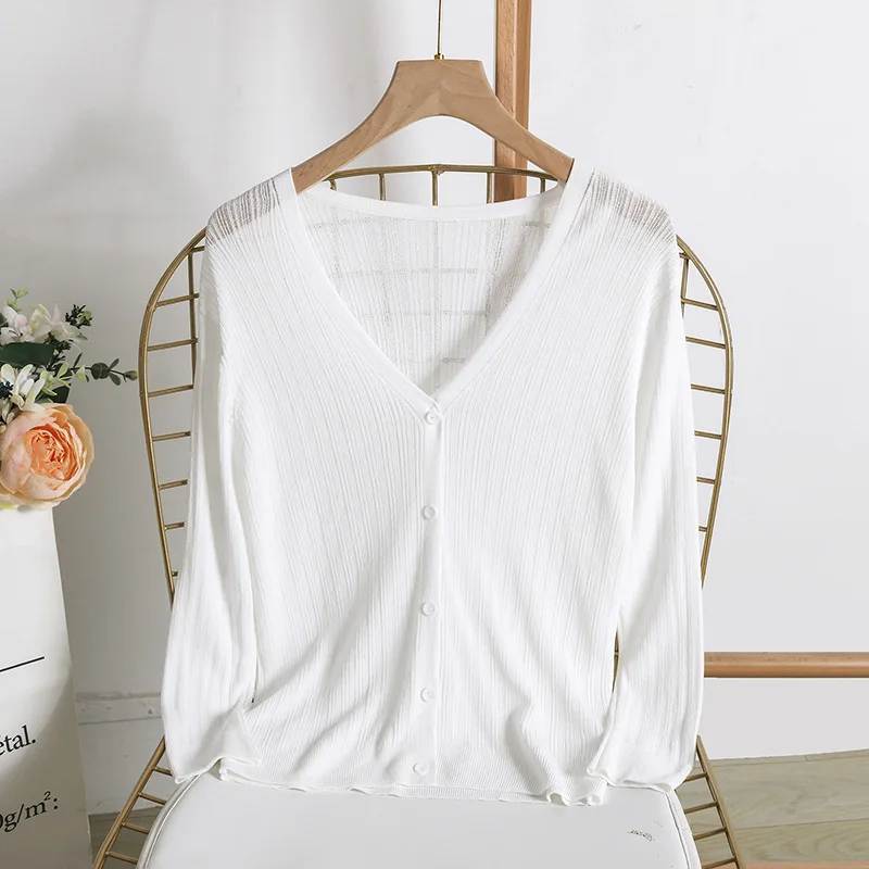 Ice Silk Knitted Cardigan Women's Summer Thin Short-sleeved Outer Wear Sun Protection Short Versatile Simple Commuter Top A402