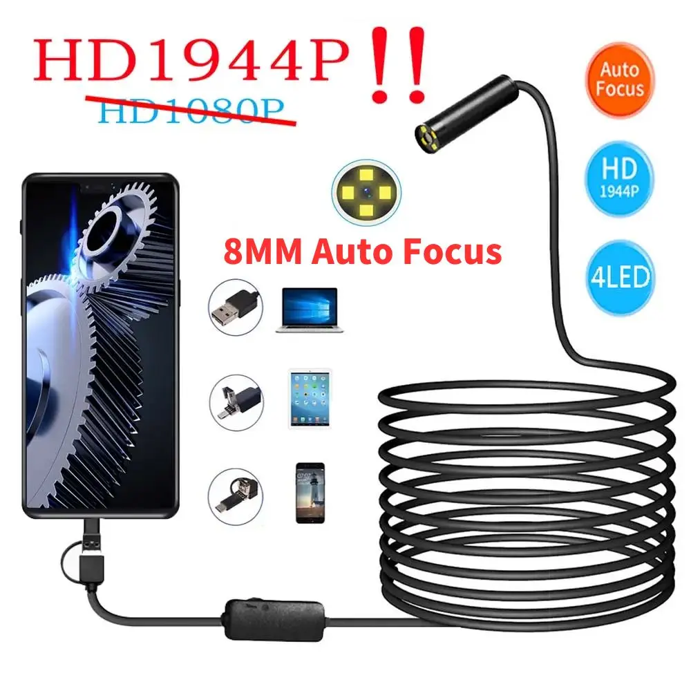 

8MM 5MP USB Auto Focus Endoscope Camera IP68 Waterproof Car Repair Drain Sewer Inspection Borescope for Android Phone PC