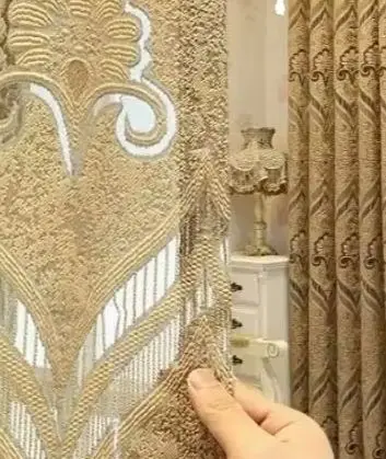 

Champagne Gold Water Ripple Jacquard Cushion Fabric Curtain Tulle Gold Thread Curtains for Living Dining Room Bedroom
