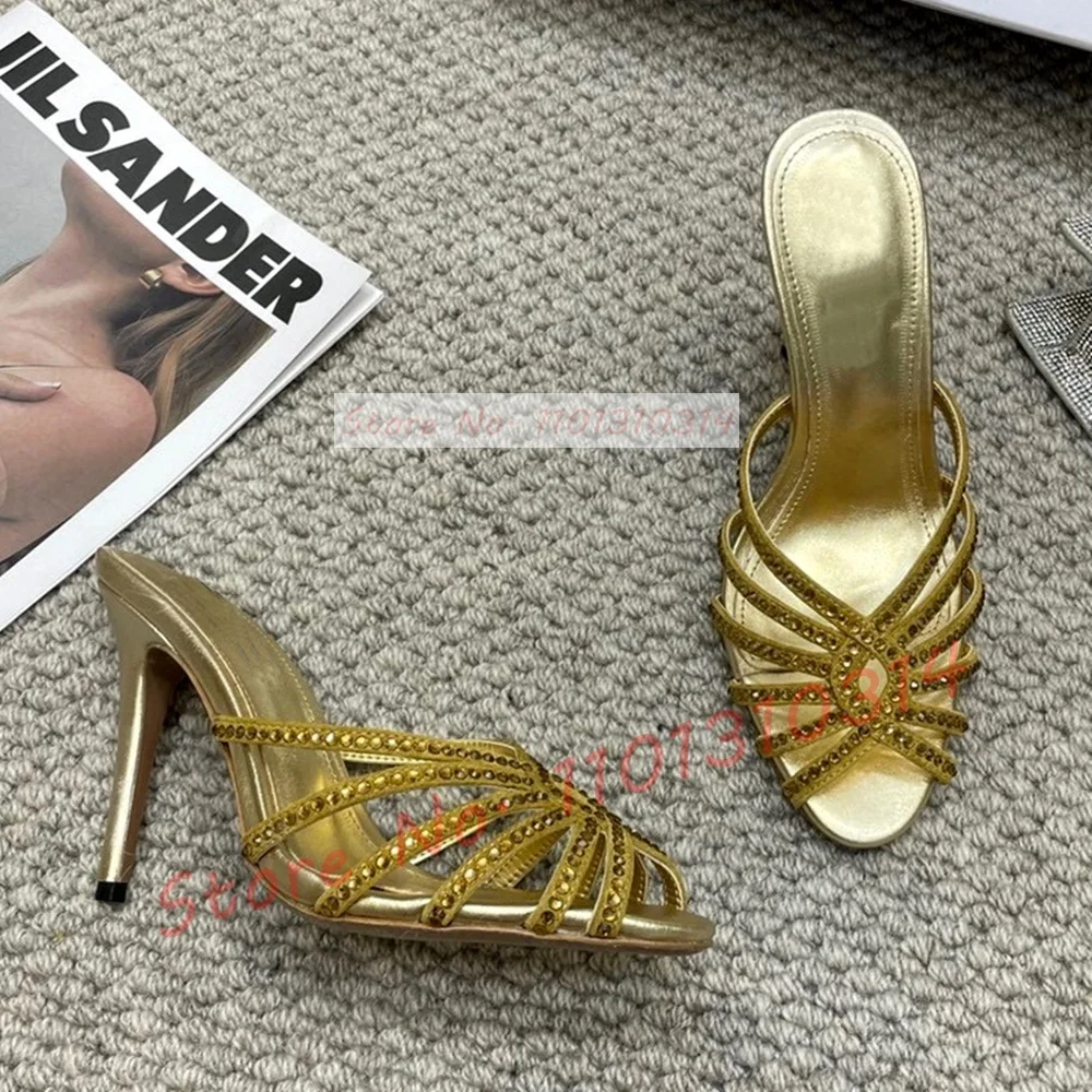 Crystal Peep Toe Gold Mules Women Luxury High Stiletto Heels Metallic Slippers Ladies Stylish Cross Strap Outfit Summer Shoes