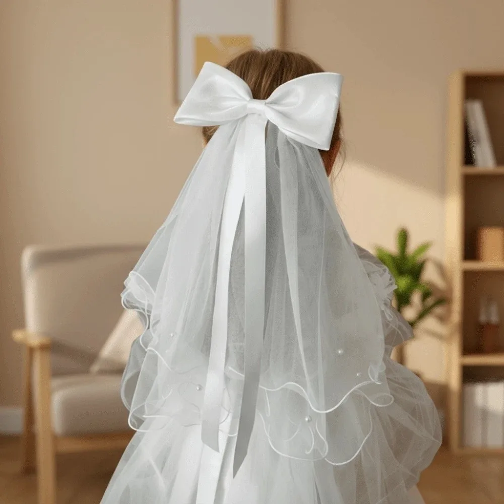Gift White Veil Hair Clip Bow Beads Colorful Flowing Tulle Polyester Rhinestone Super Fairy Veil Birthday Headdress