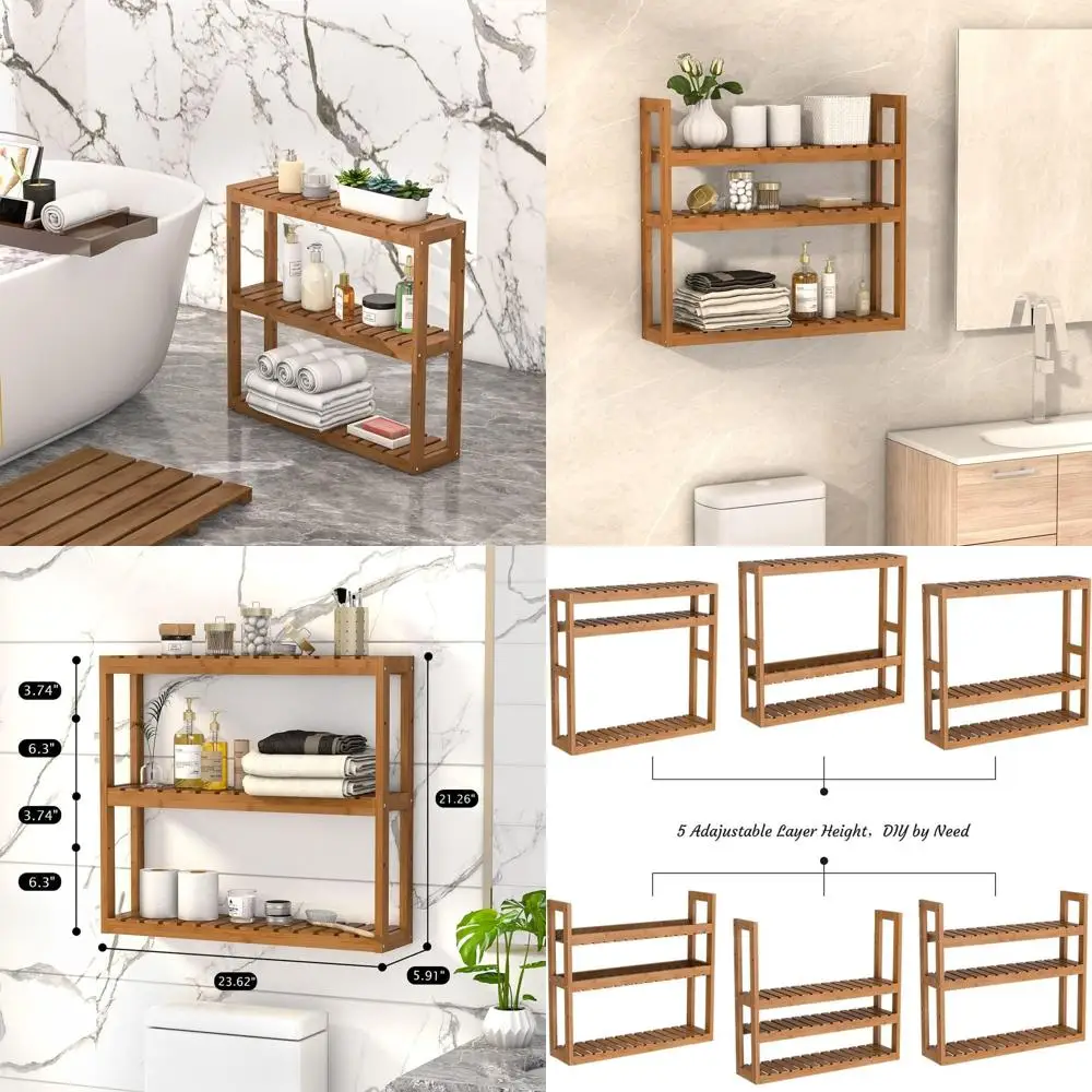 

Multi-Functional Bamboo 3-Tier Wall Shelf - Adjustable, Over Toilet Storage, Freestanding Rack for Home (Walnut)
