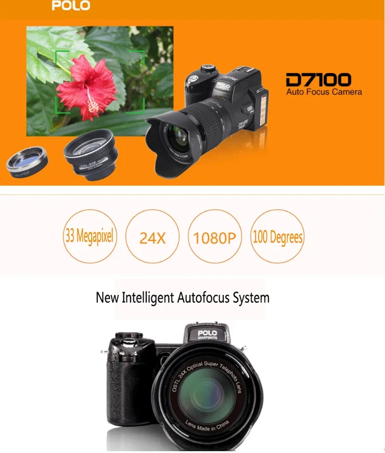 2024 Digital Camera POLO D7100 33Million Pixel Auto Focus Professional SLR Video Camera 24X Optical Zoom with Three Lens