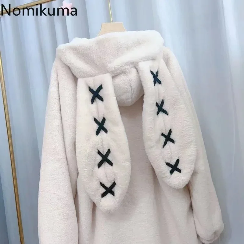 Y2k بلايز Ropa Mujer 2025 ملابس شتوية سترات نسائية Harajuku آذان أرنب معاطف سوداء فاسق سميكة فروي سستة كبيرة الحجم #6