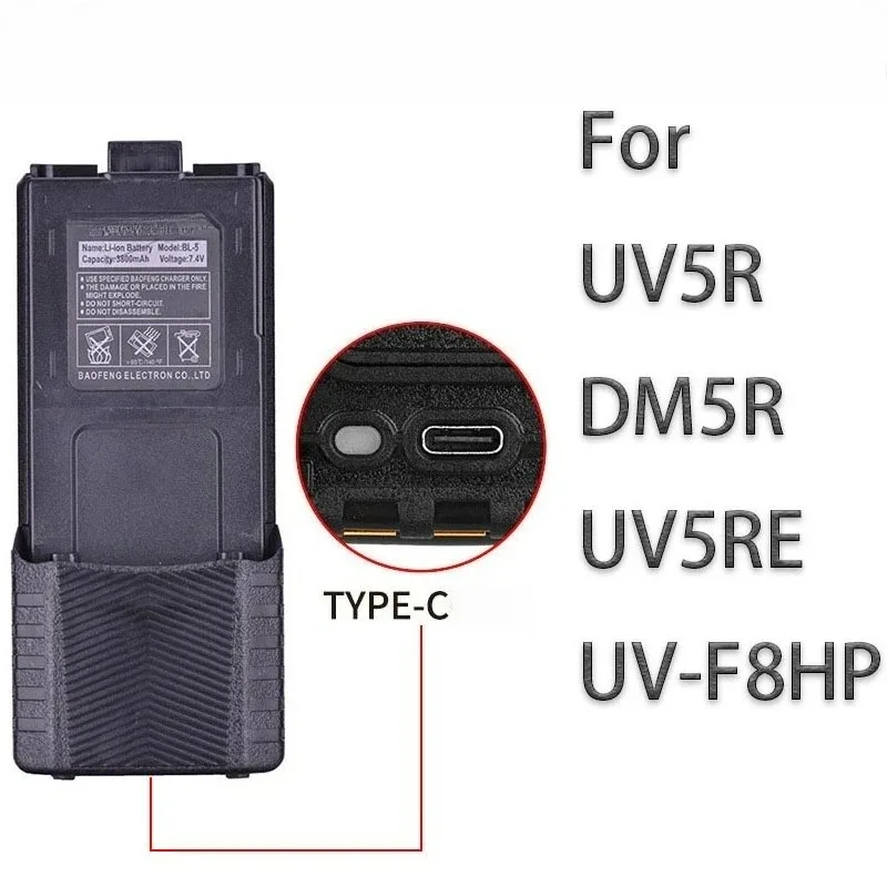 For Baofeng Walkie Talkie 2800mAh/3800mAh Li-Ion Battery USB Type C Fast Charge Upgrad BL-5 For BFUV5R/5RA/5RB Battery