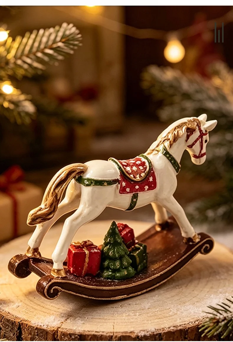 Christmas Decoration Gift Resin Rocking Horse Wooden Horse Home Living Room Bookshelf Room Decoration Ornament Gift