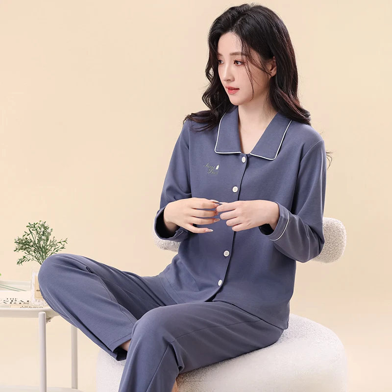 Solid color full cotton autumn winter pajamas set women sleepwear casual long sleeve lapel cardigan pyjamas female home clothes