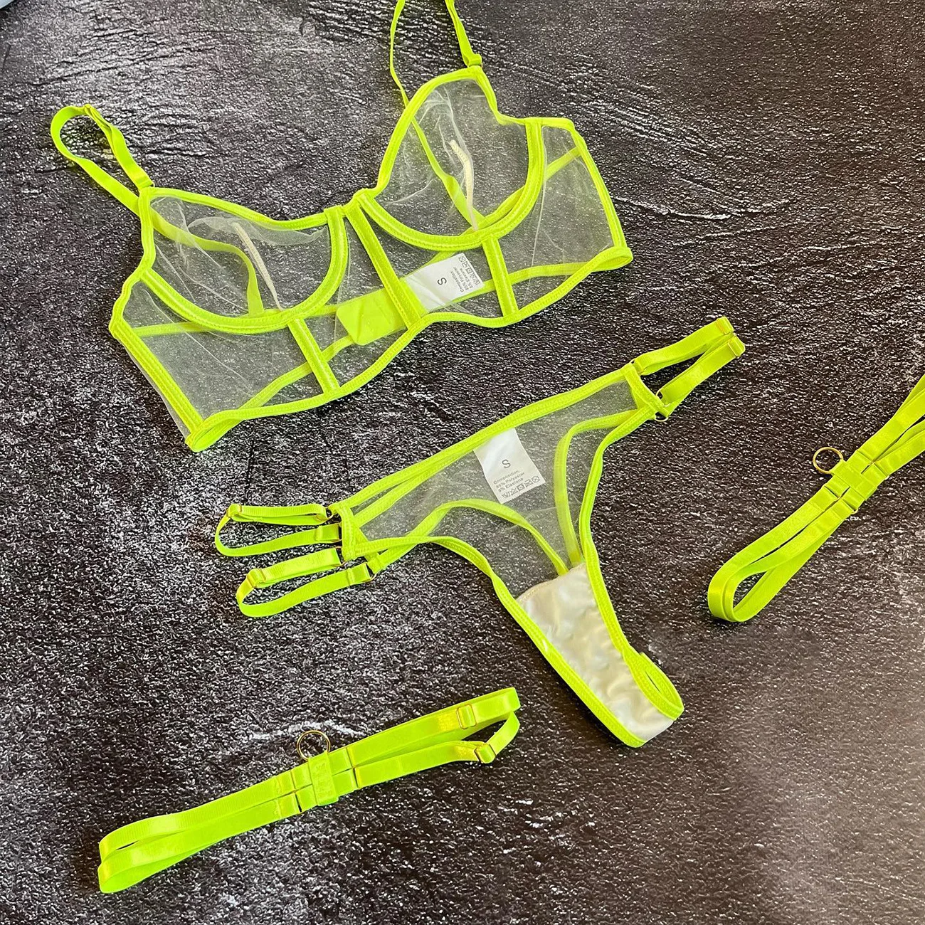 MIRABELLE Neon Lingerie Fetish Naked Women Without Censorship Underwear That Can See Intimate Sexy Nude Transparent Lace Bra Set