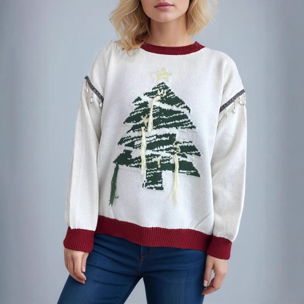 

2025 Christmas New Christmas Tree Knitted Sweater Round Neck Color Block Casual Chic Fashion Sweater