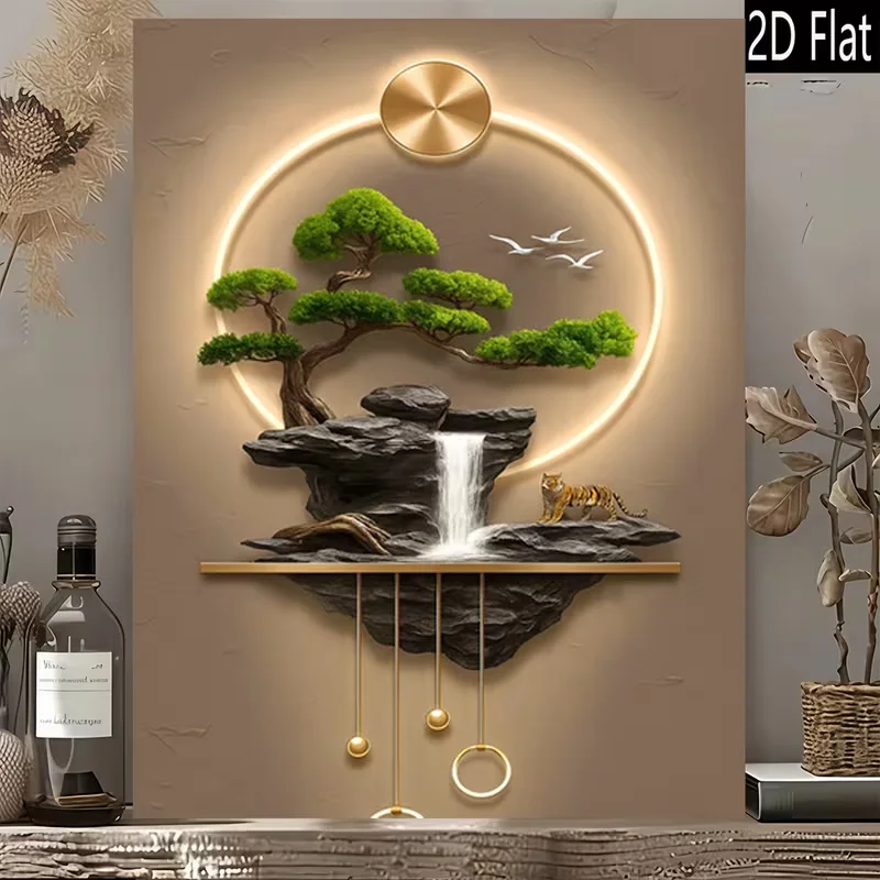 2D Flat, 2D Flat, 2D Flat Frameless Canvas Wall Art Featuring a Japanese Zen Theme with a Bonsai Tree And Waterfall, Designed in