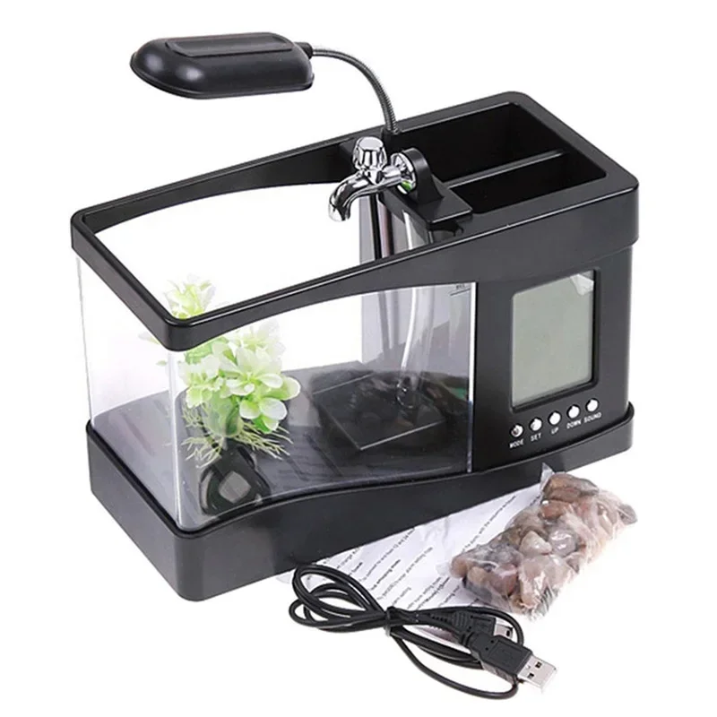 Mini Home Fish Tank USB Creative Desktop Living Room Office Desk Fish Tank Aquarium Intelligent Calendar Alarm Clock Function